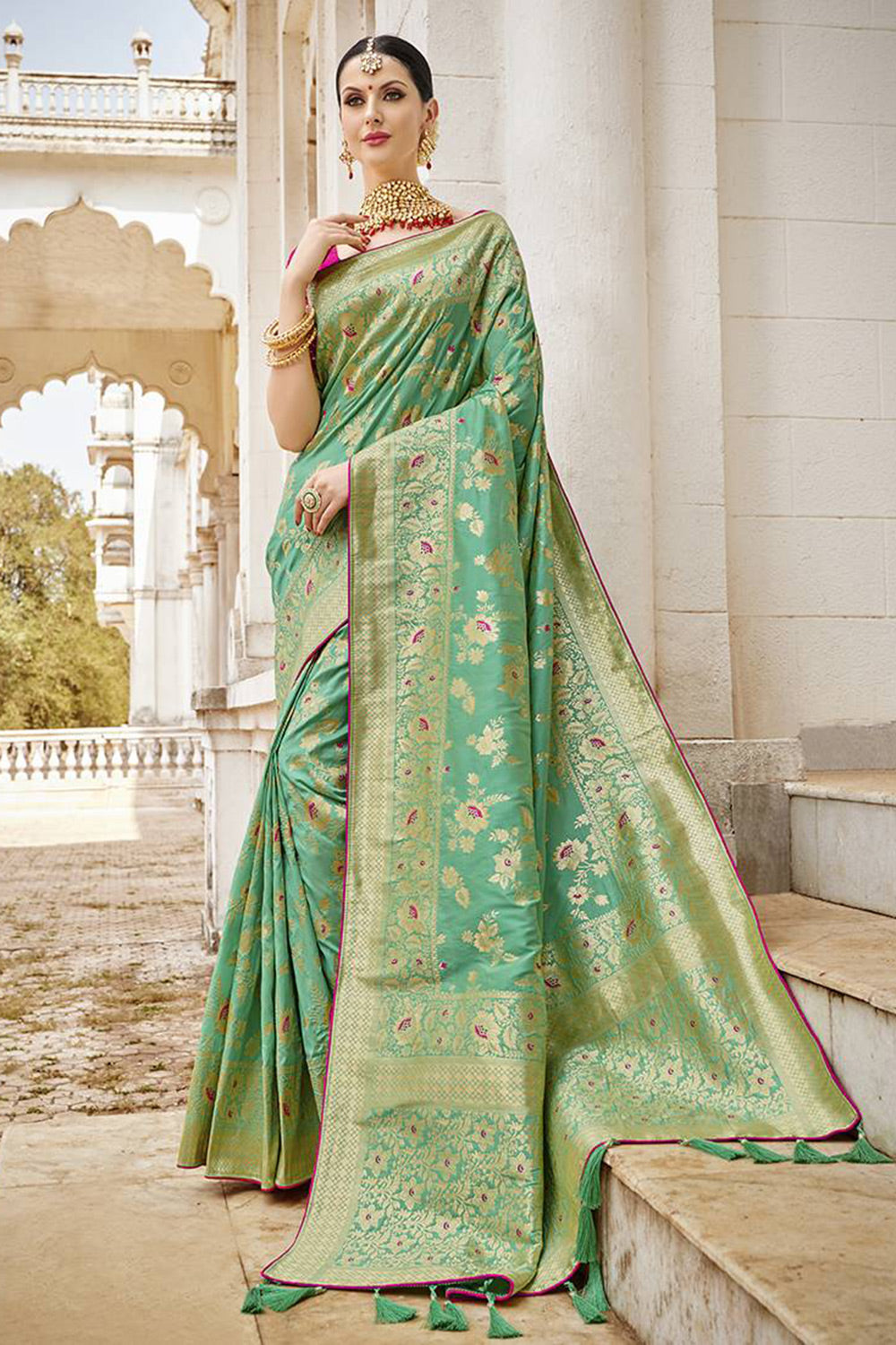 Pista Green Modal Silk Saree With Silver Zari Weaving & Matching Blous –  Bahuji - Online Fashion & Lifestyle Store