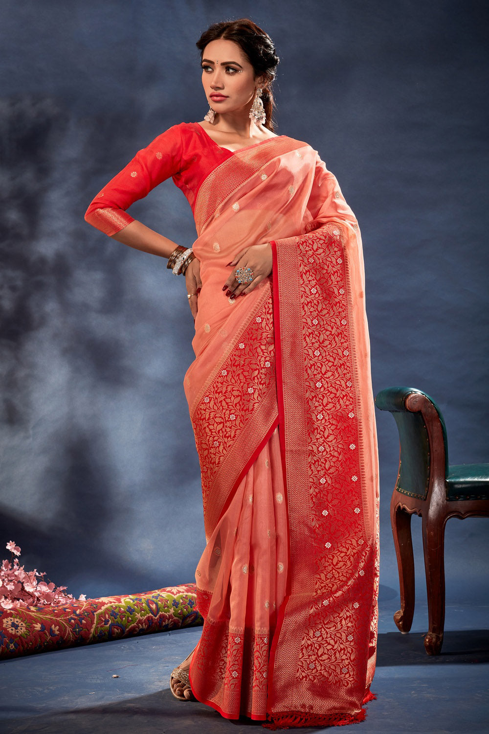 Carrot peach 2024 colour wedding sarees