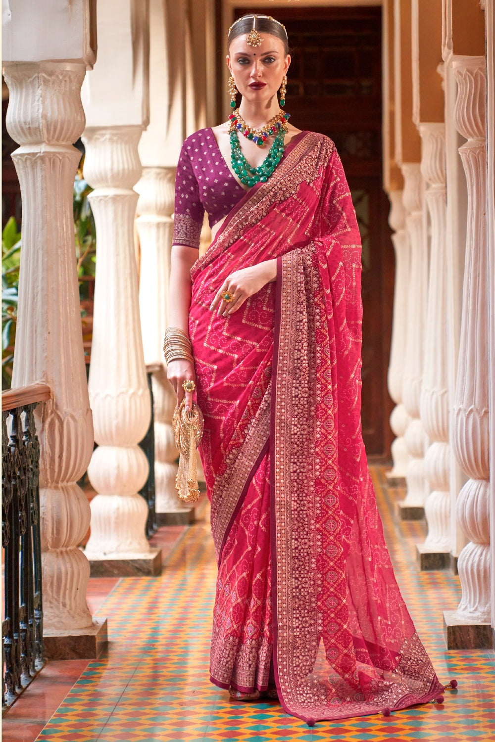 Punch Pink Patola Leheriya Printed Saree – Bahuji - Online Fashion