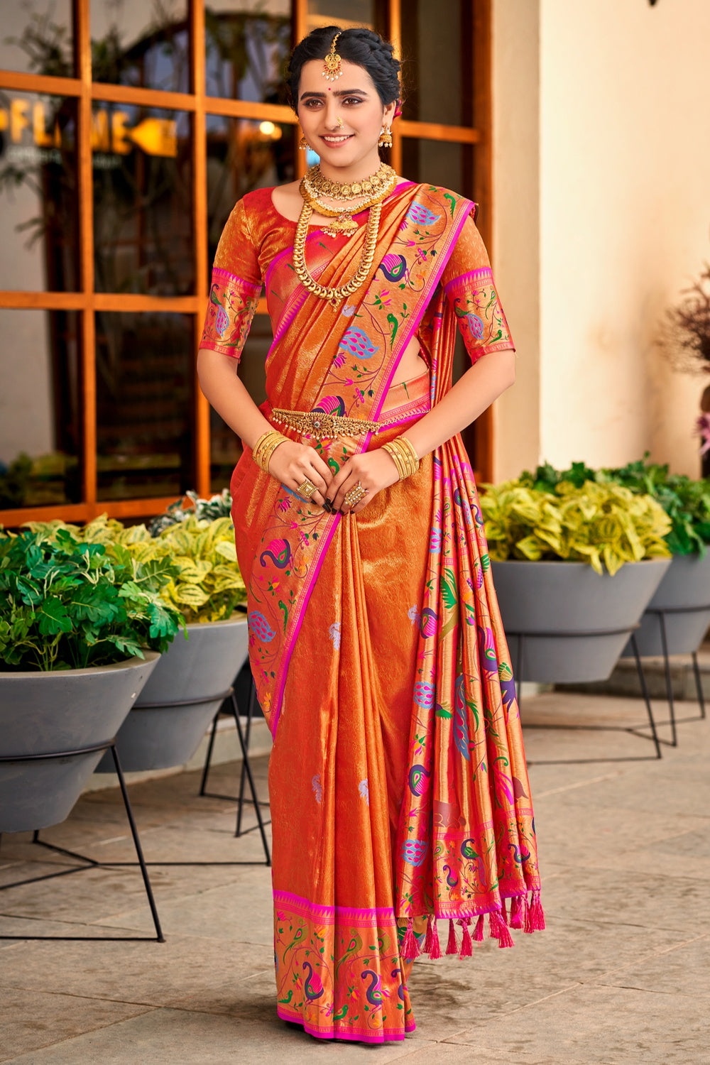 Orange wedding clearance saree