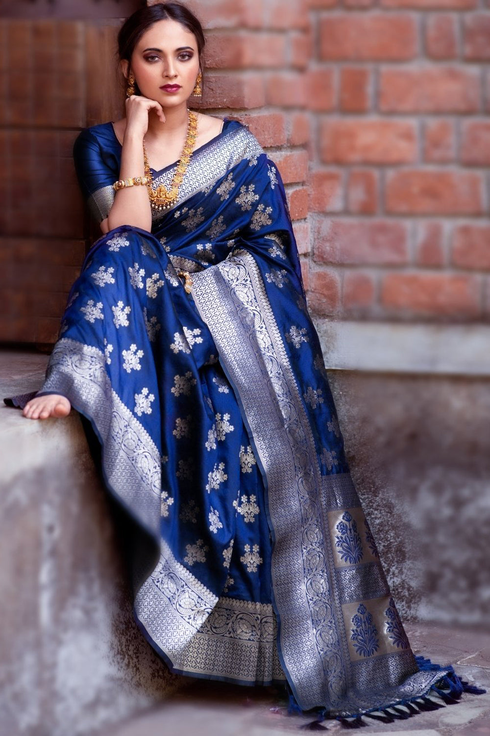 Store Bollywood Style Dark Blue Color Satin Silk Saree Silver Zari Fancy Micro Planted Work | With Blouse Piece For Festival Saree | Party Saree.