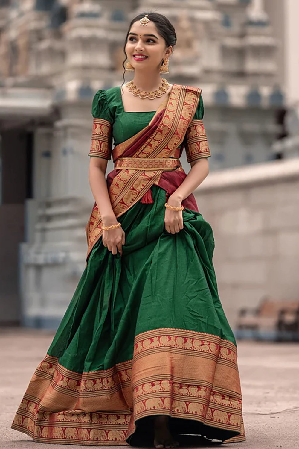 Green Cotton Silk Jacquard Half Lehenga Saree