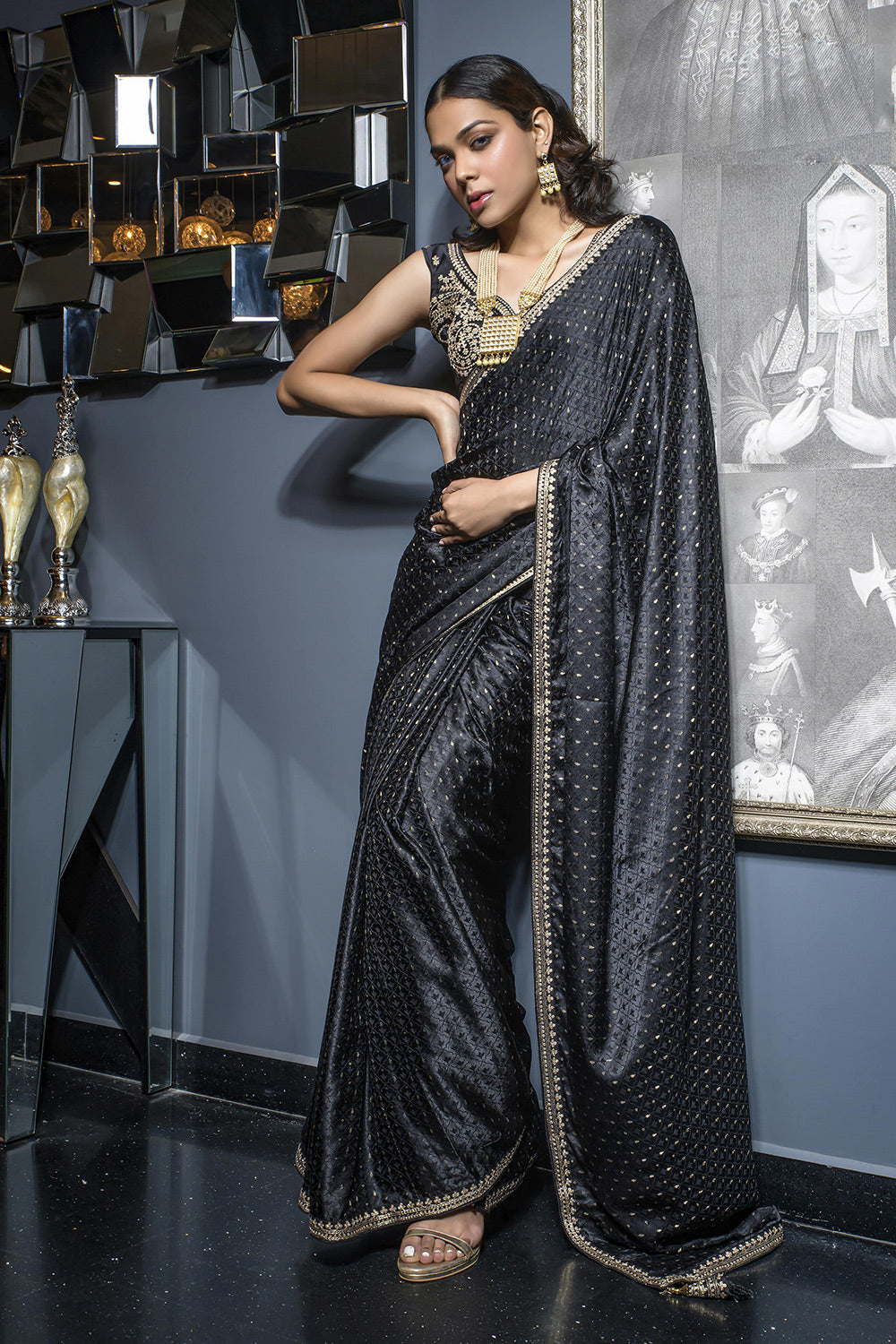 Embroidery Designer Black Colour Satin Silk Saree