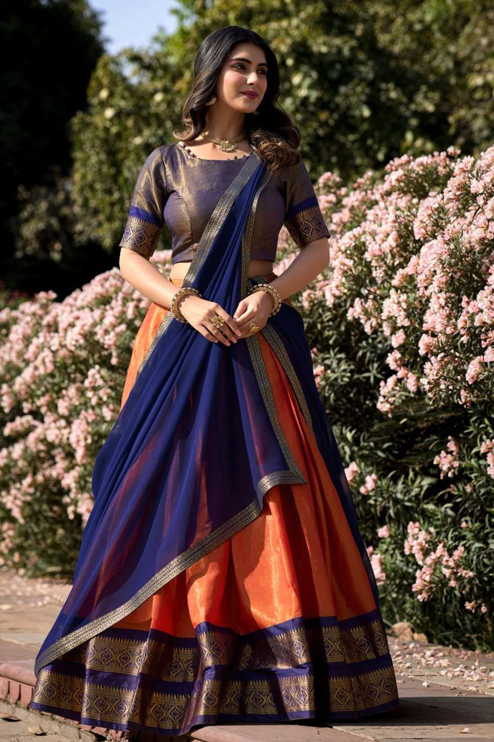 Orange Blue Designer Cotton Silk Jacquard Half Lehenga Saree