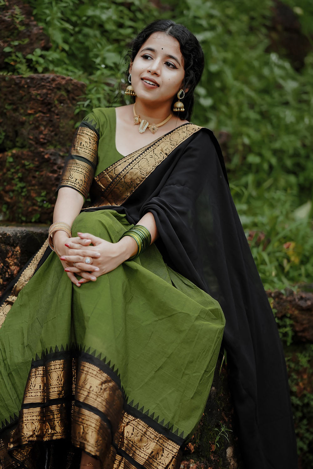 Light Green Narayanpeth Cotton Silk Jacquard Half Lehenga Saree