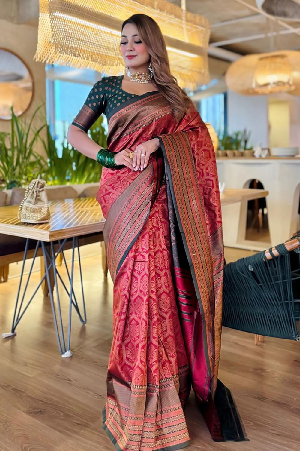 Beautiful Red Silk Saree With Zari Weaving Work