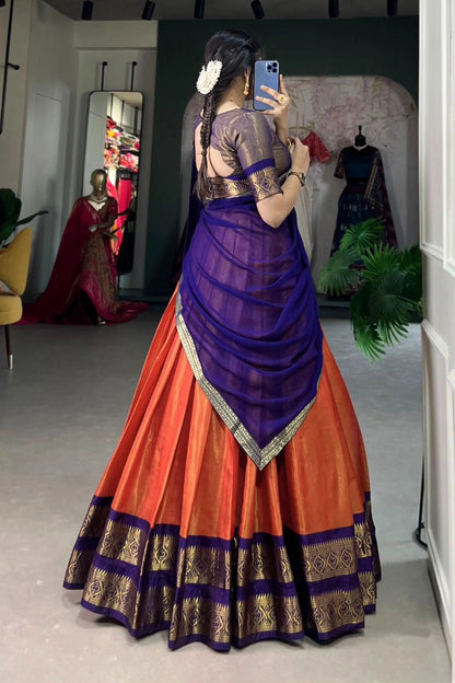 Orange Blue Designer Cotton Silk Jacquard Half Lehenga Saree