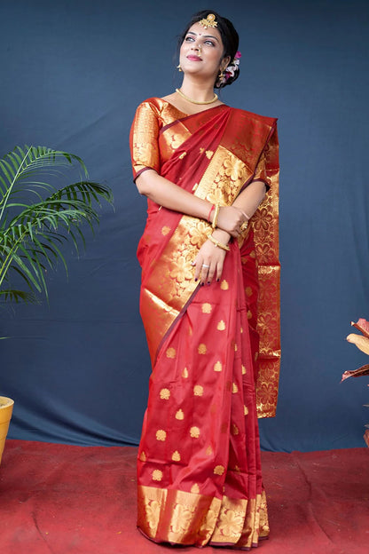 Red Banarasi Silk Saree With Zari Weaving Work