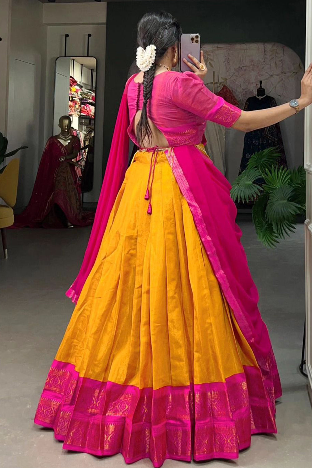 Yellow Pink Designer Cotton Silk Jacquard Half Lehenga Saree