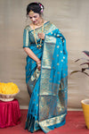 Sky Blue Banarasi Silk Saree With Zari Weaving Work