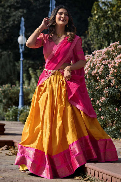 Yellow Pink Designer Cotton Silk Jacquard Half Lehenga Saree