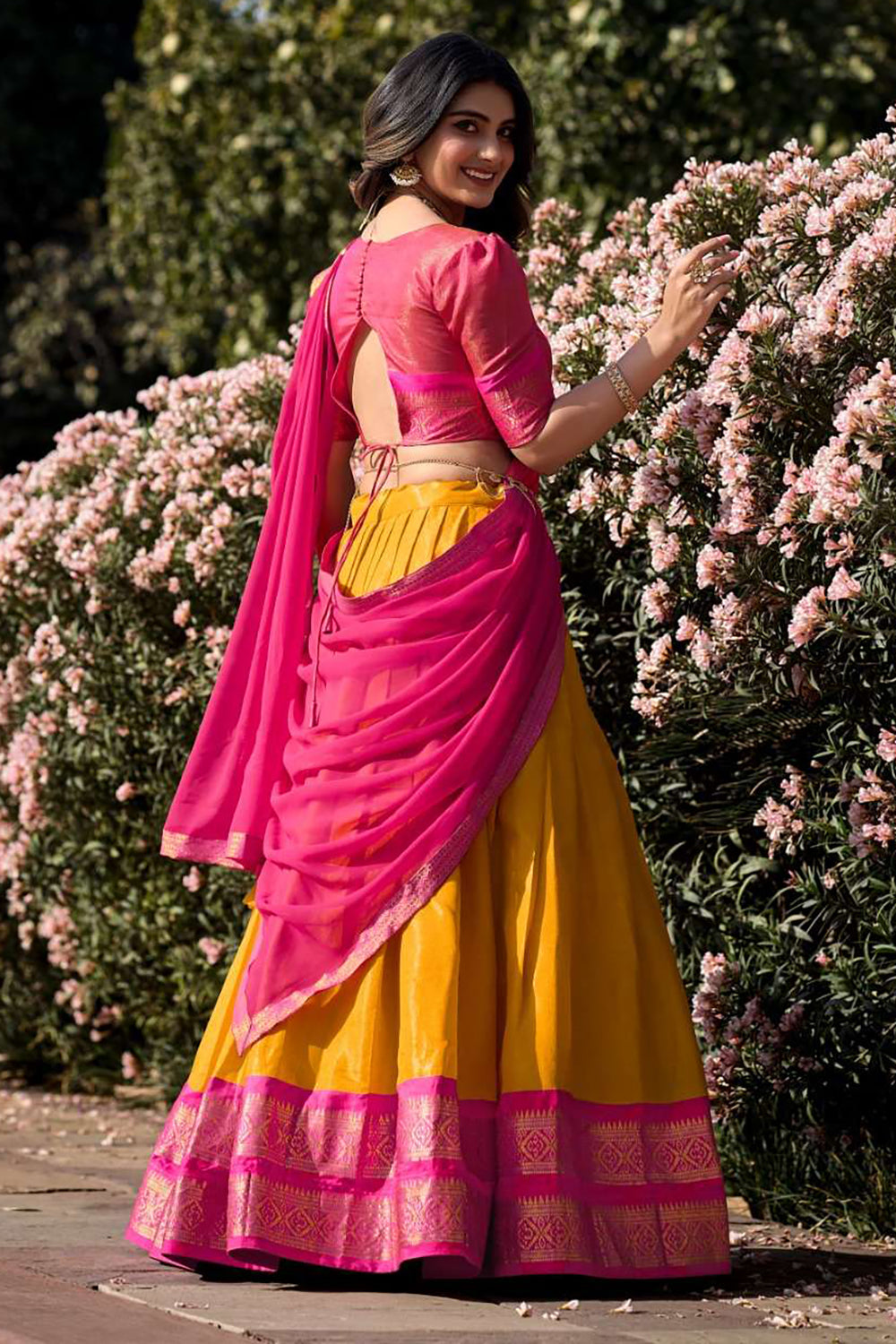 Yellow Pink Designer Cotton Silk Jacquard Half Lehenga Saree