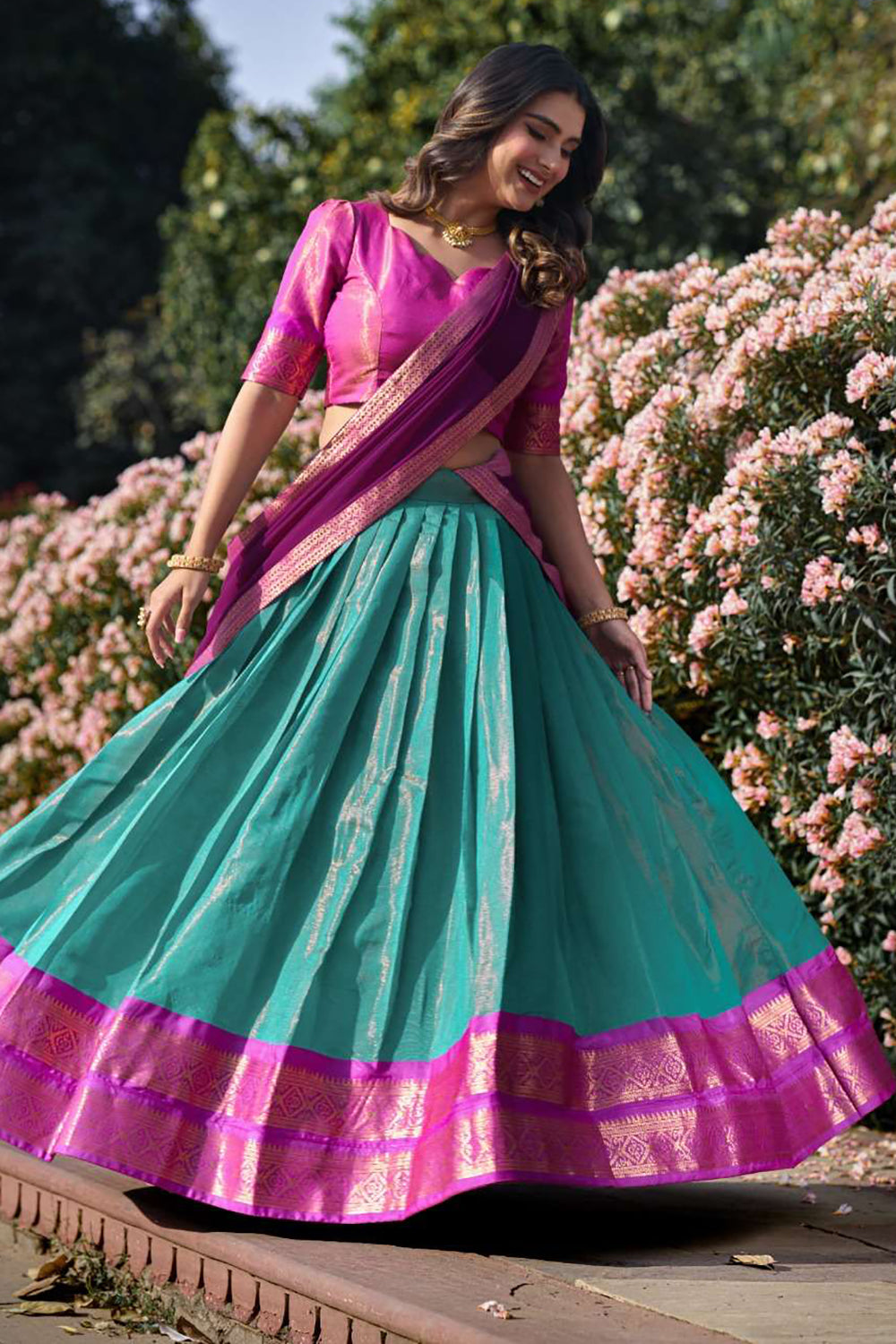 Firoji Pink Designer Cotton Silk Jacquard Half Lehenga Saree