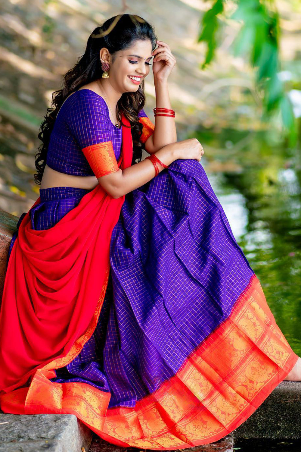 Blue &amp; Red Designer Cotton Silk Jacquard Half Lehenga Saree