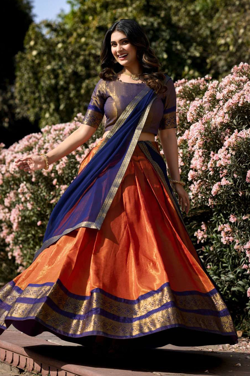 Orange Blue Designer Cotton Silk Jacquard Half Lehenga Saree