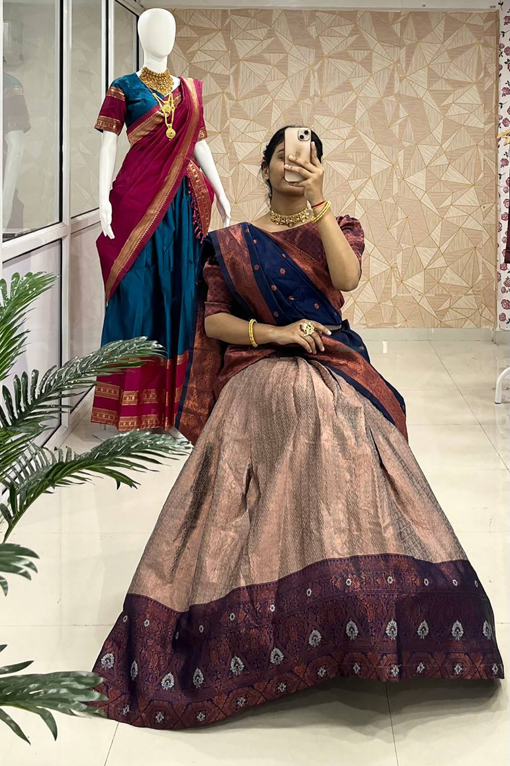 Coffee Grey &amp; Navy-Blue Designer Cotton Silk Jacquard Half Lehenga Saree