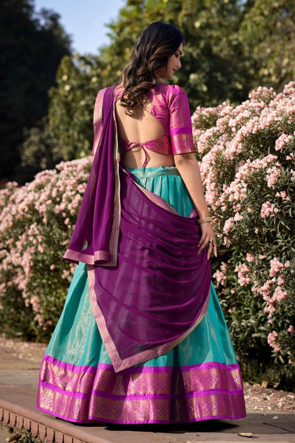 Firoji Pink Designer Cotton Silk Jacquard Half Lehenga Saree