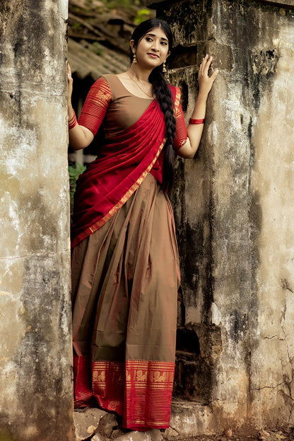 Brown &amp; Marron Premium Cotton Silk Jacquard Half Lehenga Saree