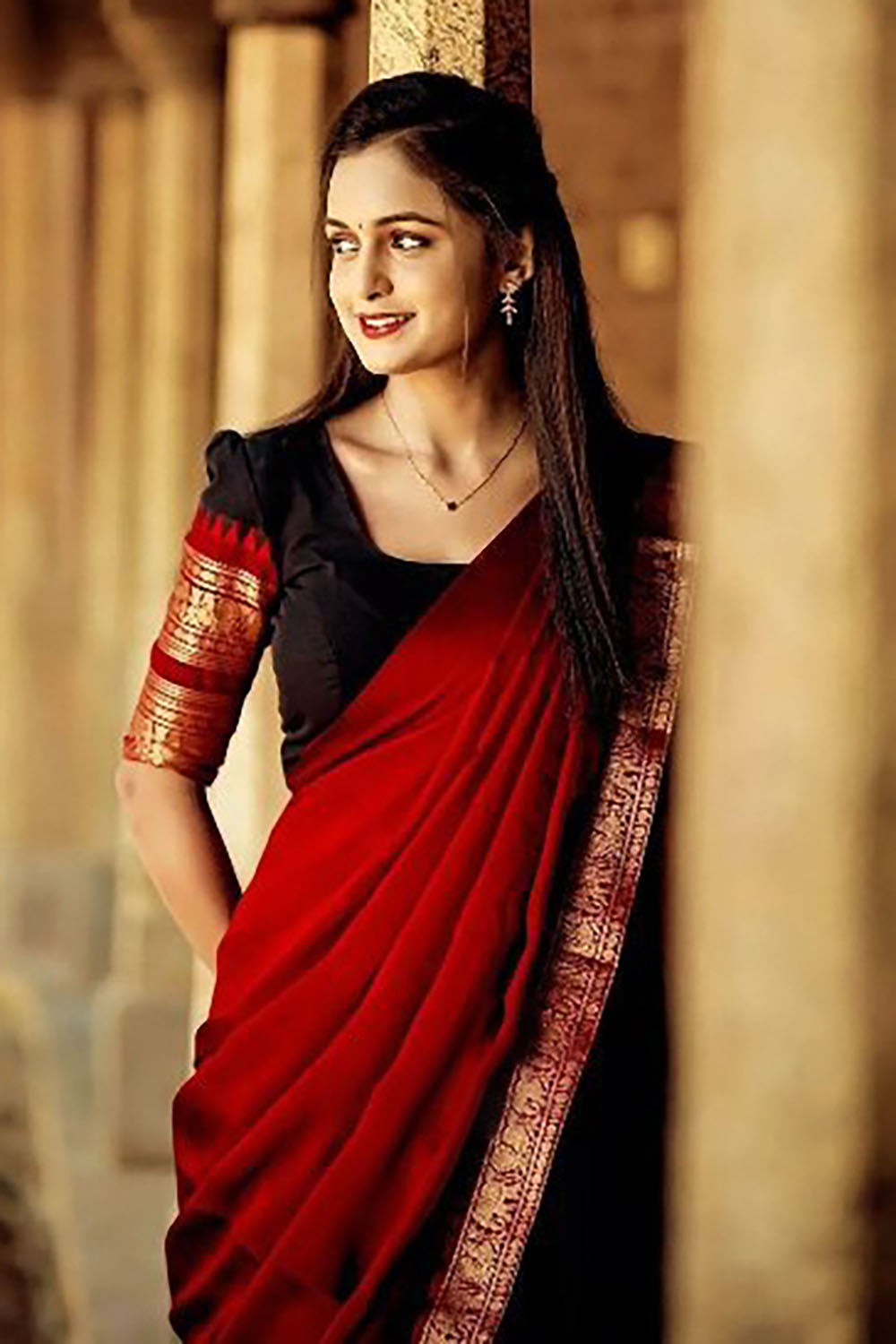 Red and Black Narayanpeth Cotton Silk Jacquard Half Lehenga Saree