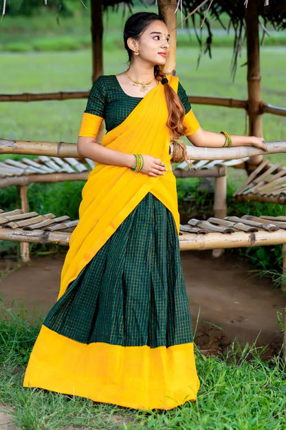 Green &amp; Yellow Designer Cotton Silk Jacquard Half Lehenga Saree