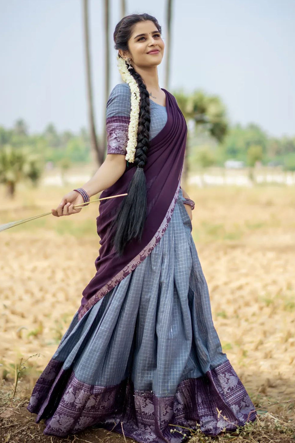 Grey &amp; Purple Designer Cotton Silk Jacquard Half Lehenga Saree