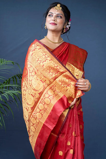 Red Banarasi Silk Saree With Zari Weaving Work