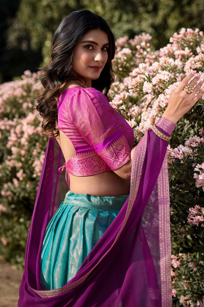 Firoji Pink Designer Cotton Silk Jacquard Half Lehenga Saree