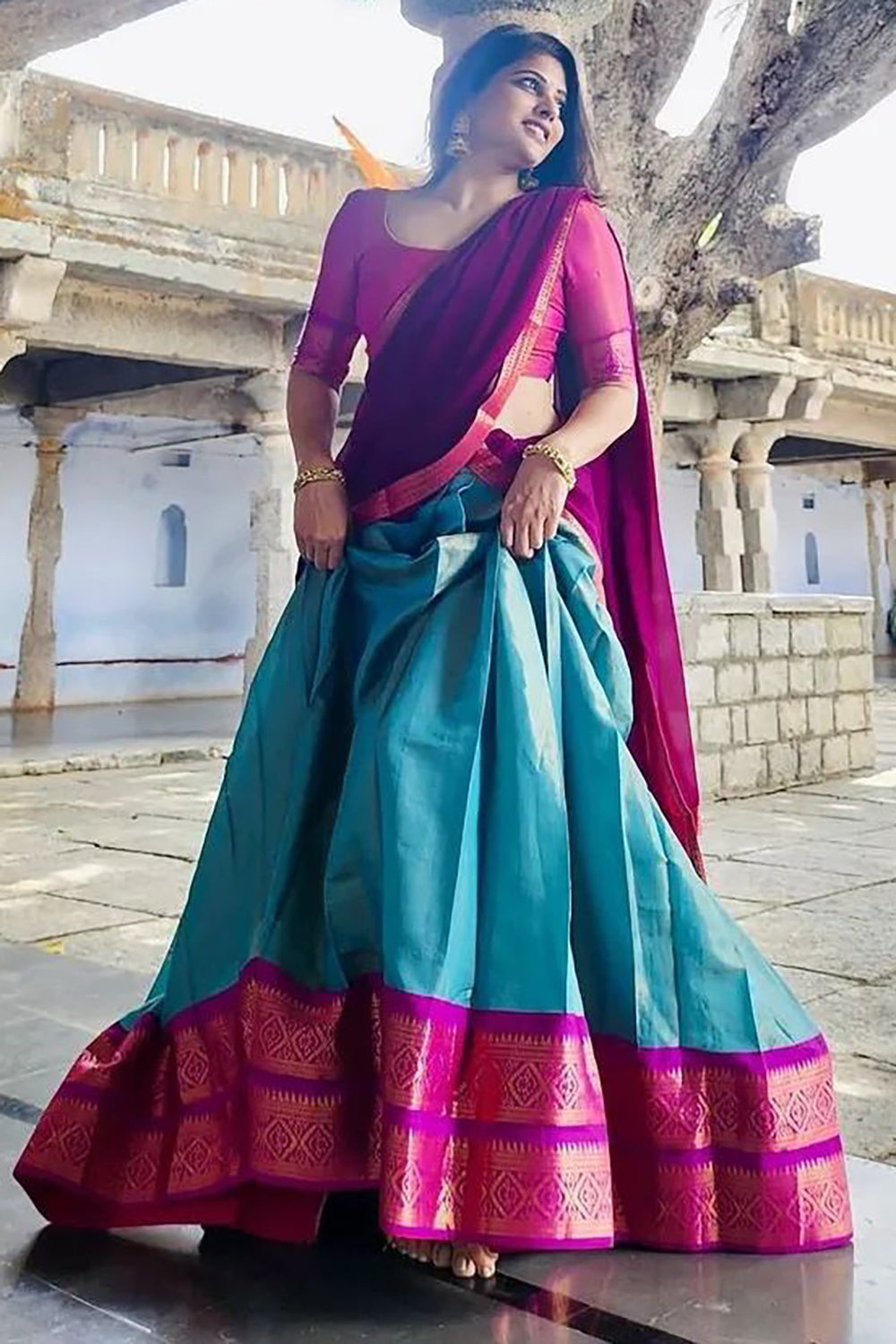 Firoji Pink Designer Cotton Silk Jacquard Half Lehenga Saree