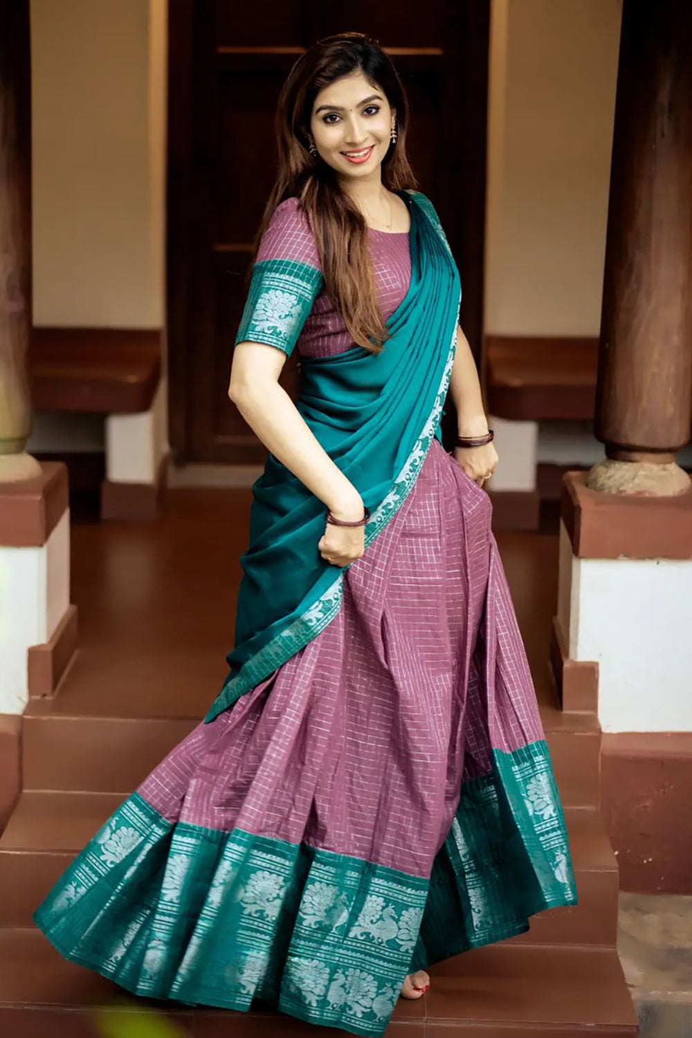 Lilac Designer Cotton Silk Jacquard Half Lehenga Saree