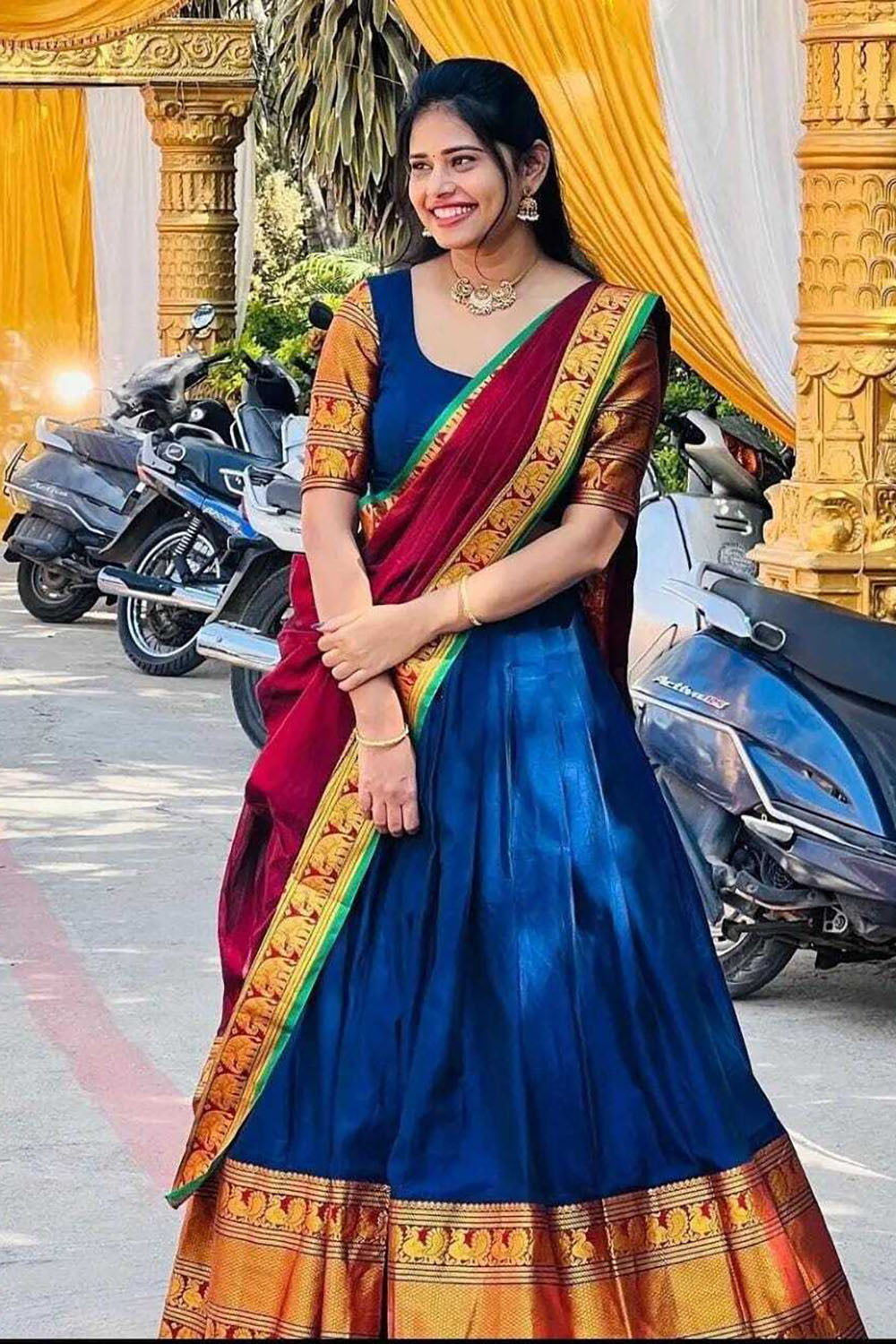 Blue Cotton Silk Jacquard Half Lehenga Saree