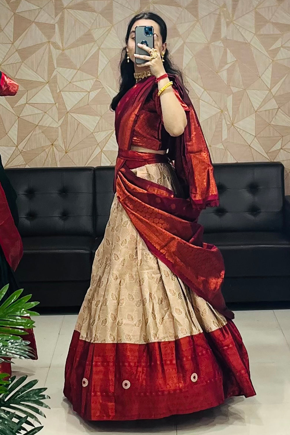 Cream &amp; Red Designer Cotton Silk Jacquard Half Lehenga Saree