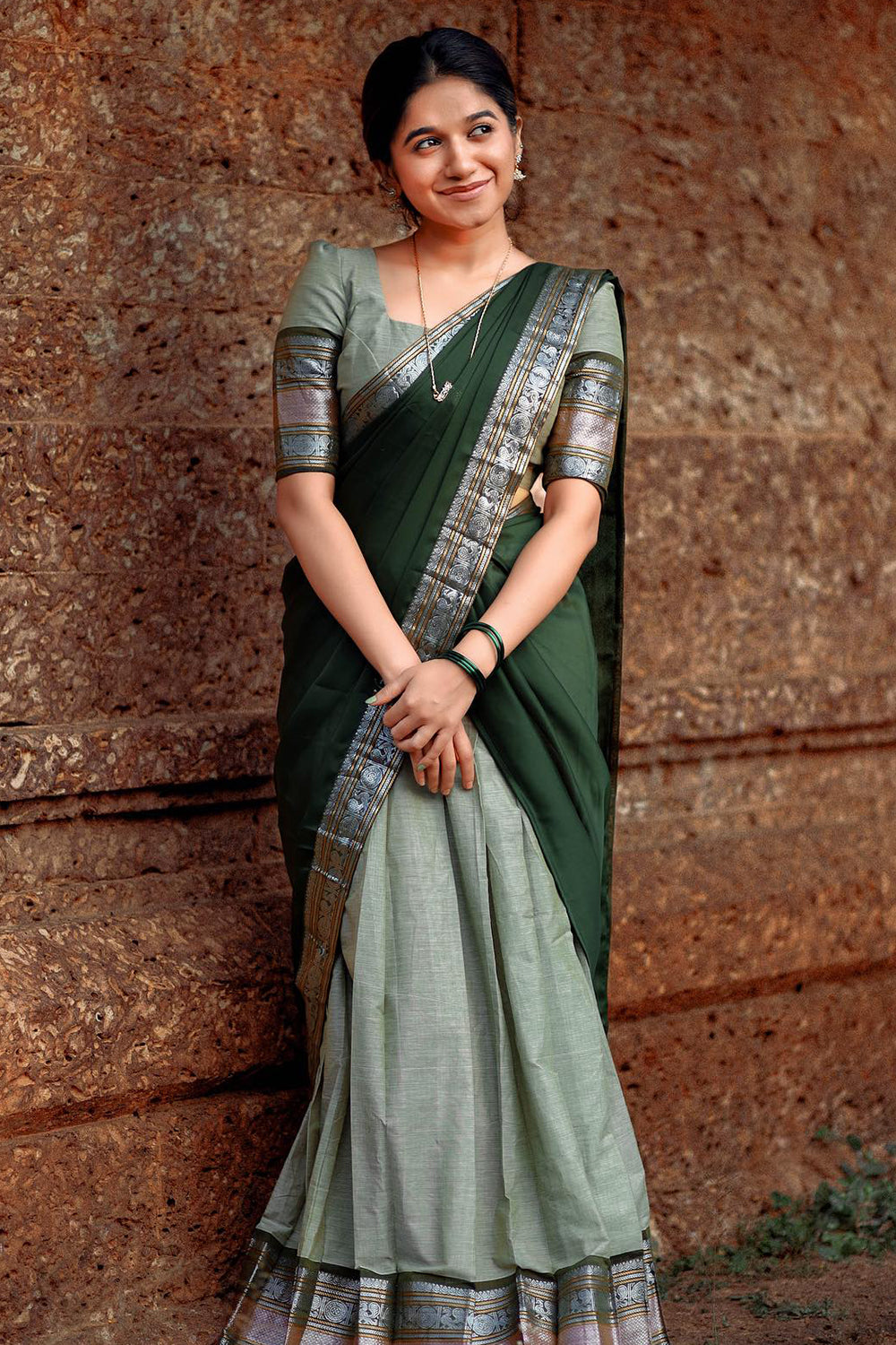 Green &amp; Sage green Premium Cotton Silk Jacquard Half Lehenga Saree