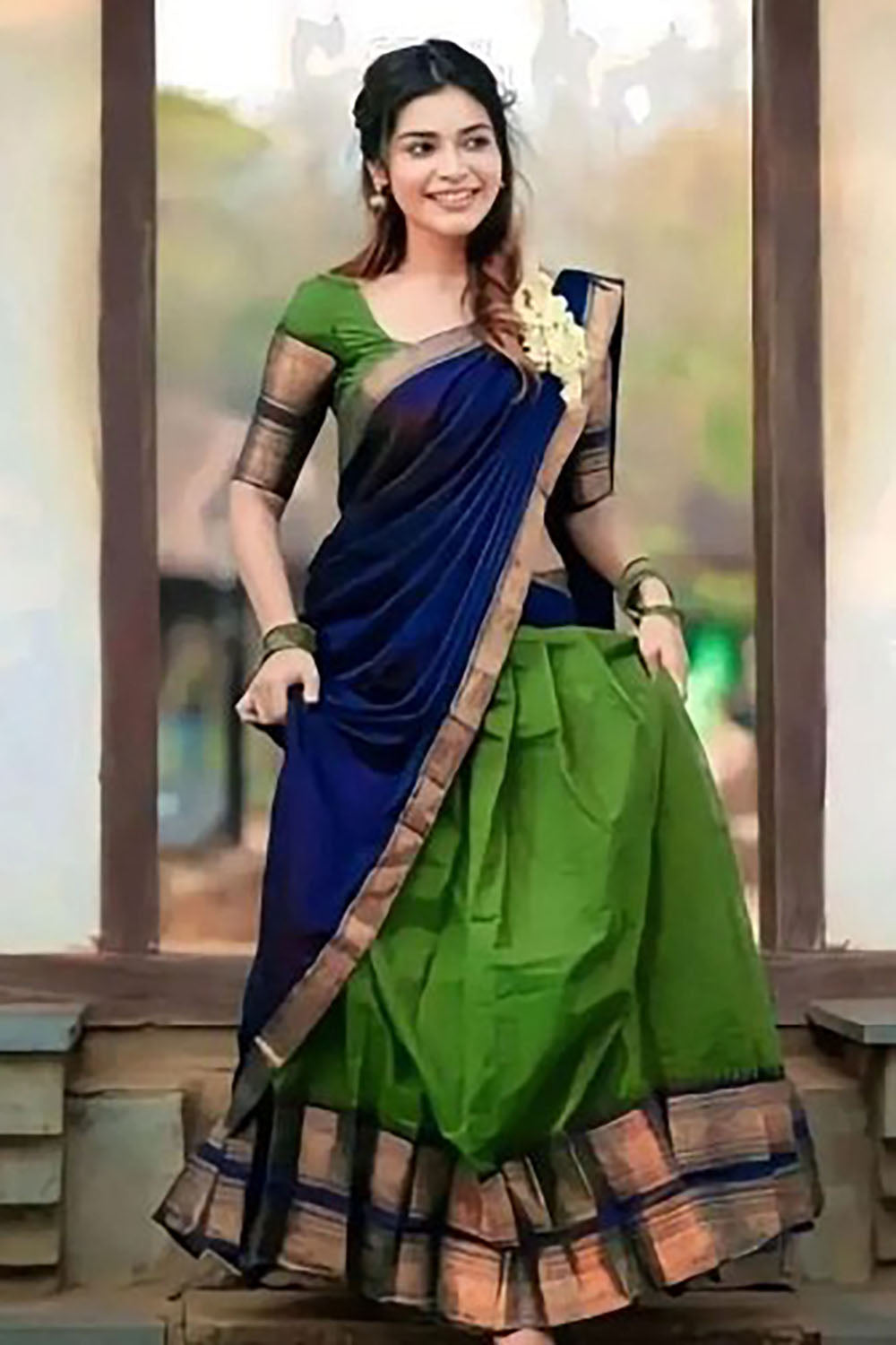 Green Narayanpeth Cotton Silk Jacquard Half Lehenga Saree