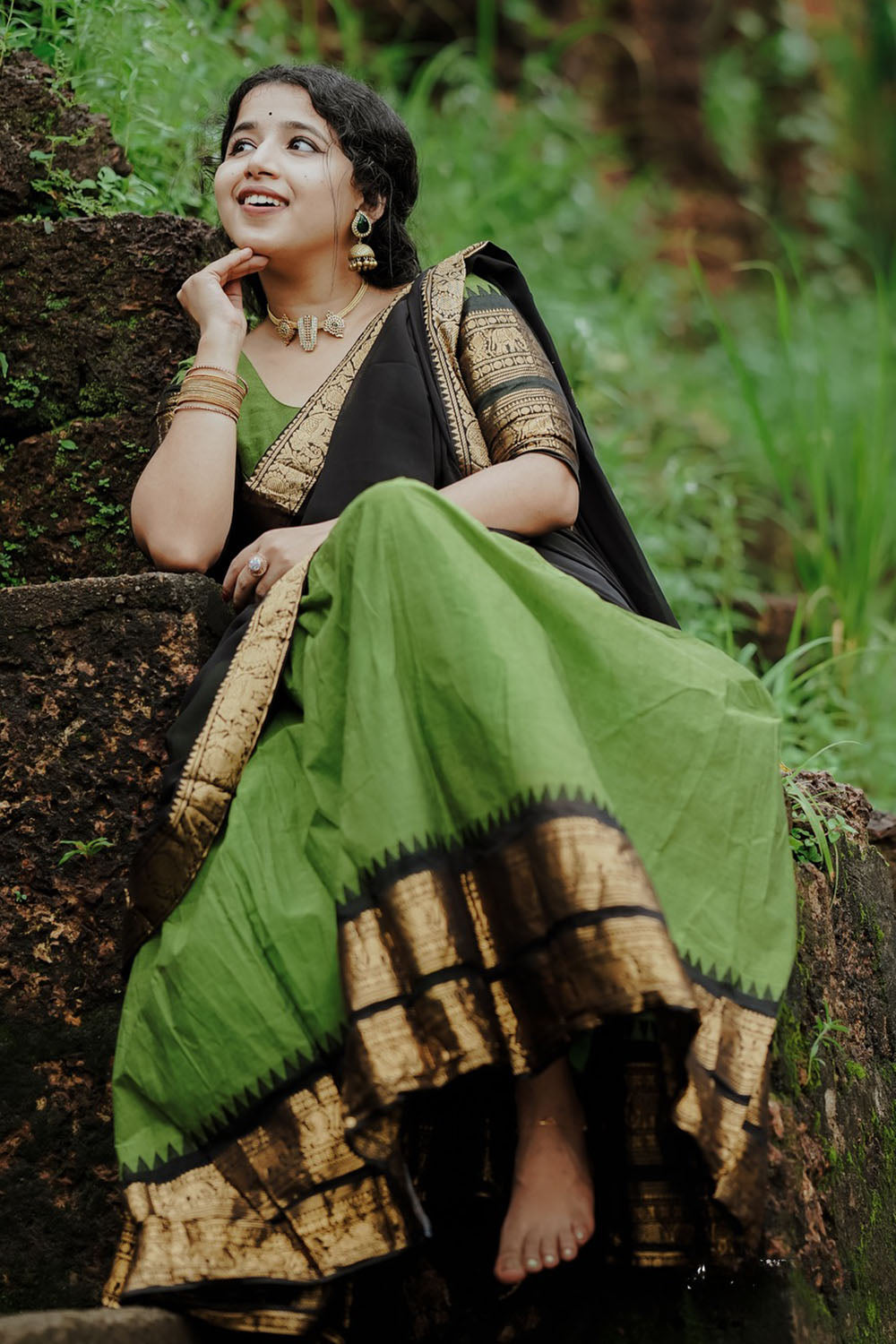 Light Green Narayanpeth Cotton Silk Jacquard Half Lehenga Saree