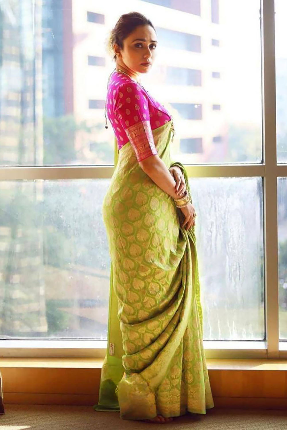 Lime Green Soft Silk Saree With Zari Weaving Work