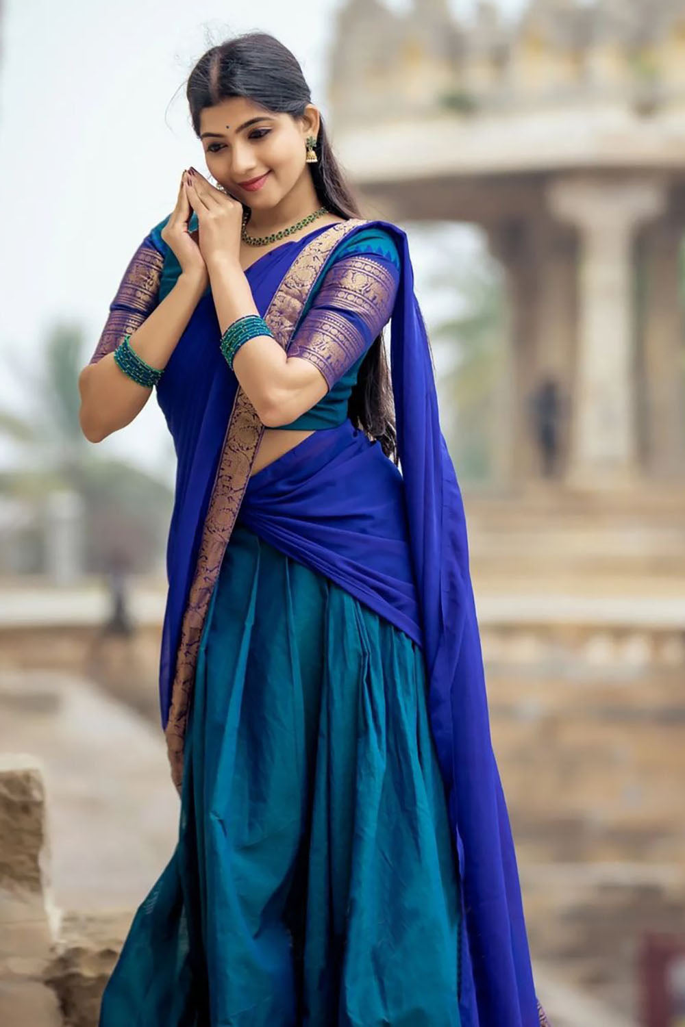 Blue Narayanpeth Cotton Silk Jacquard Half Lehenga Saree