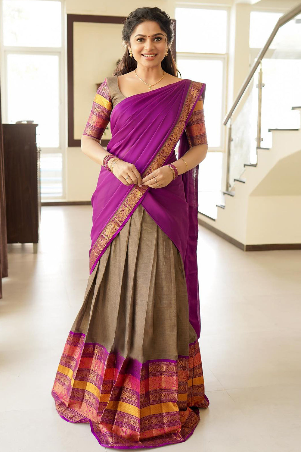 Brown &amp; Pink Premium Cotton Silk Jacquard Half Lehenga Saree