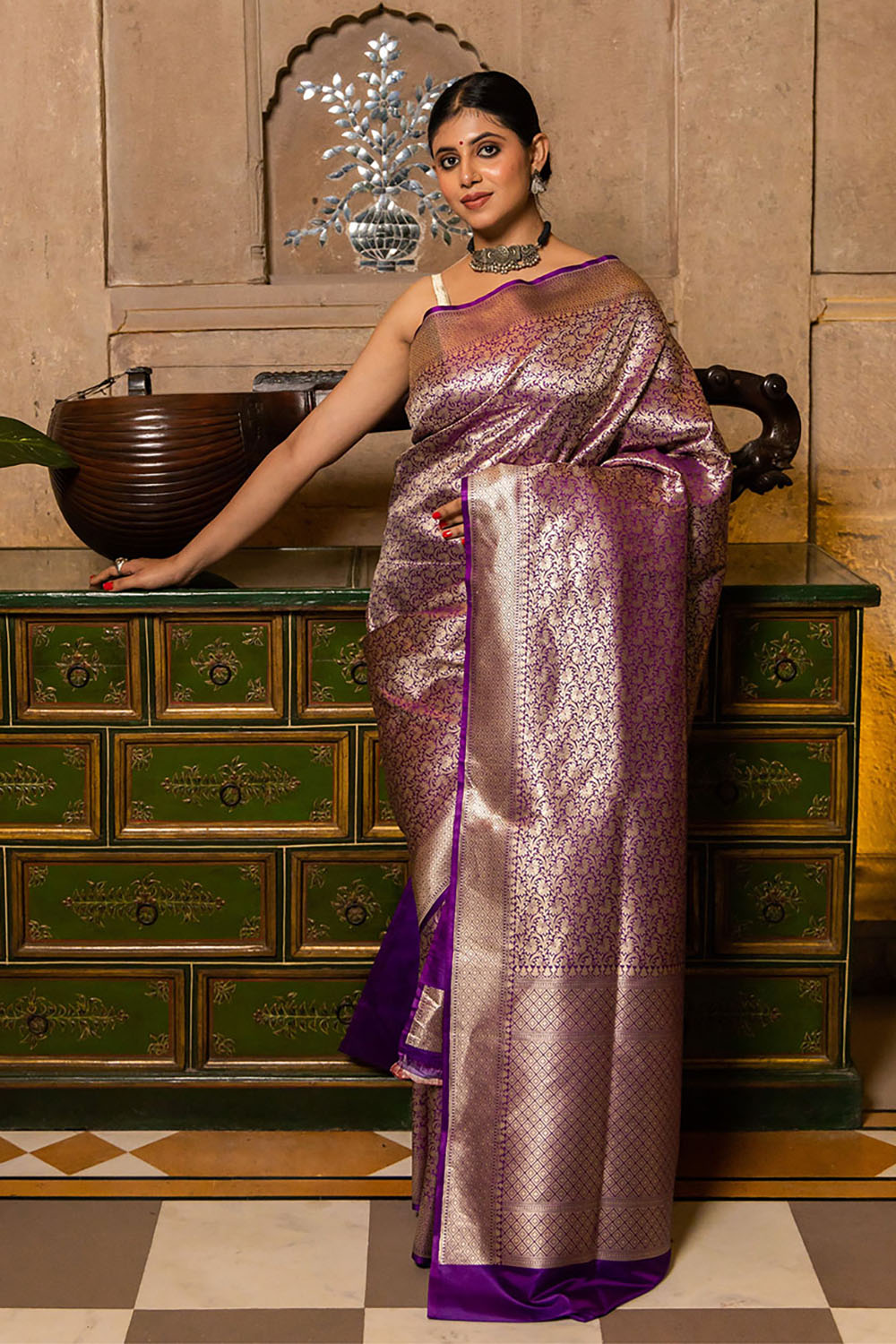 Indigo Purple Banarasi Silk Saree With Zari Weaving Work