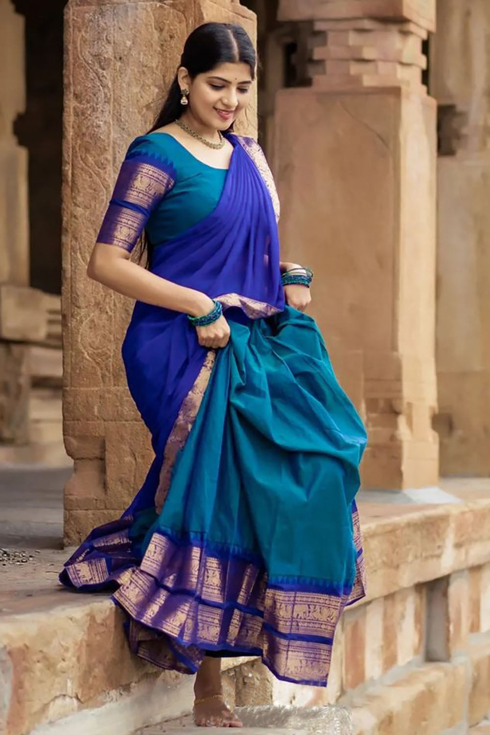 Blue Narayanpeth Cotton Silk Jacquard Half Lehenga Saree