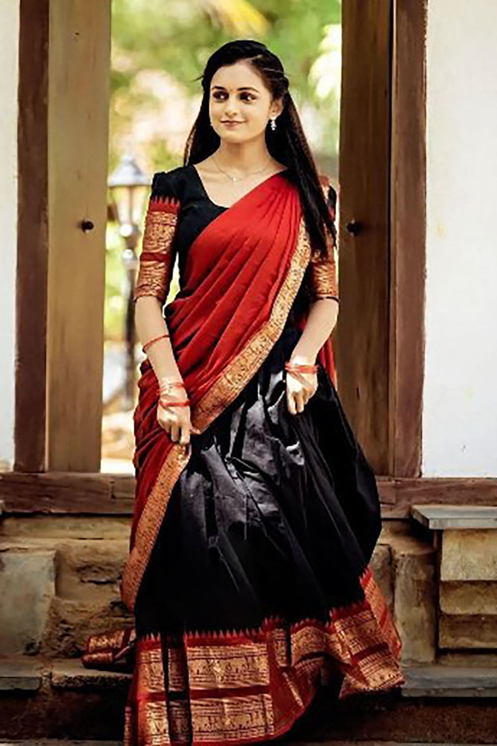 Red and Black Narayanpeth Cotton Silk Jacquard Half Lehenga Saree