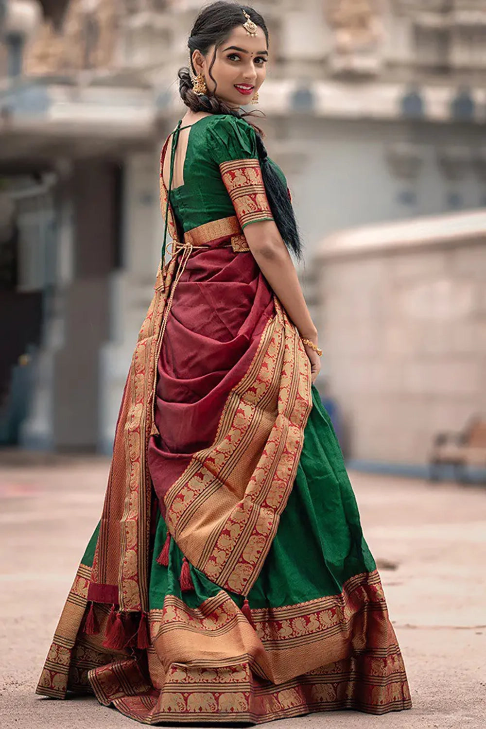 Green Cotton Silk Jacquard Half Lehenga Saree