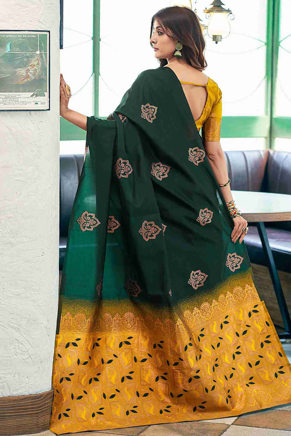 Latest Green &amp; Yellow Woven Silk Saree