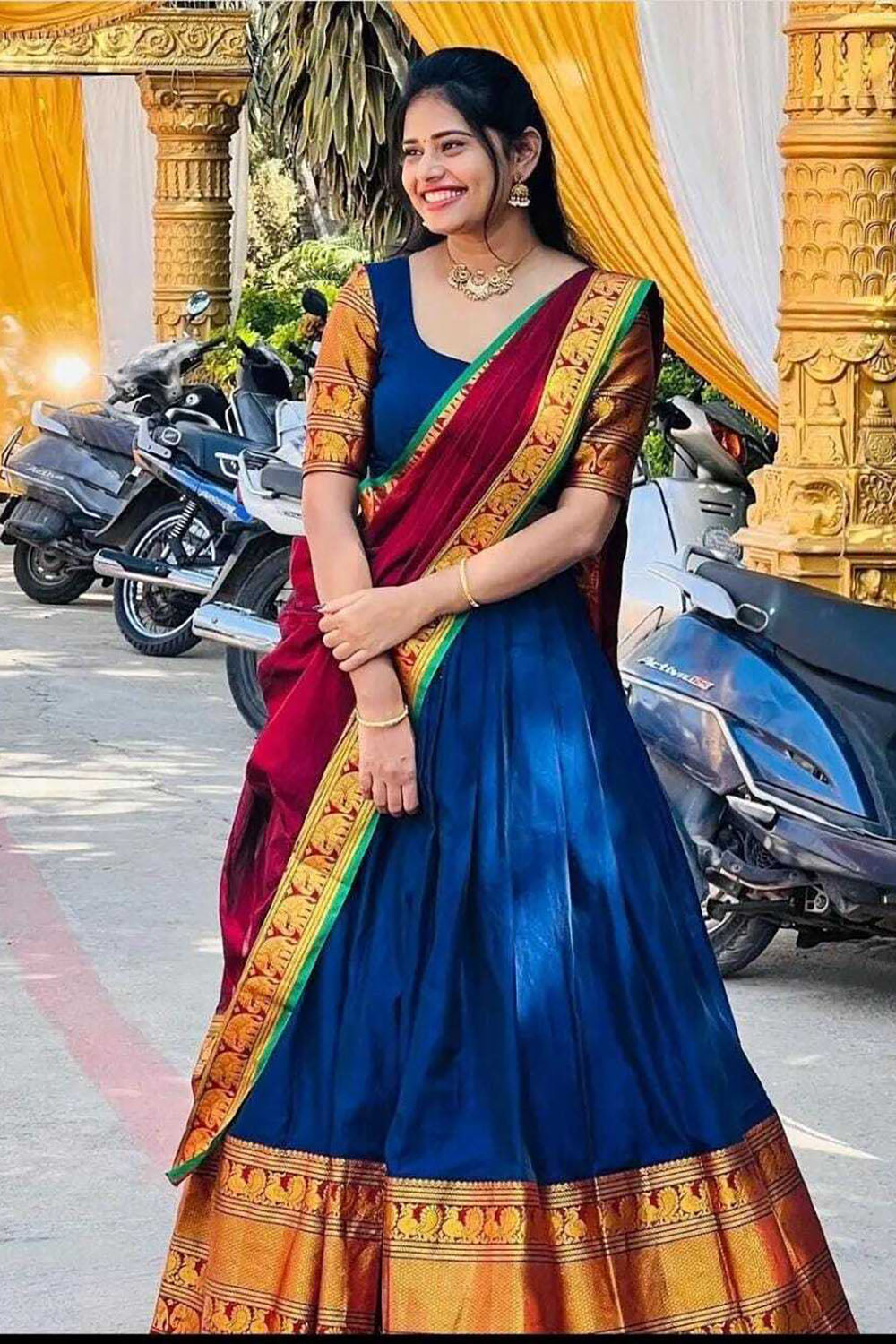 Blue Cotton Silk Jacquard Half Lehenga Saree