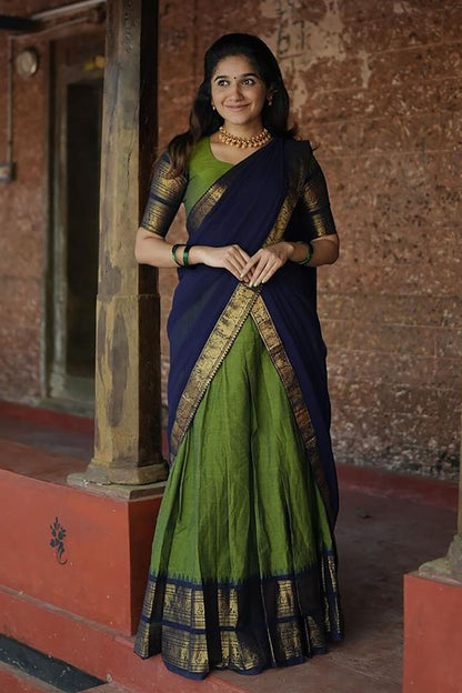 Green Narayanpeth Cotton Silk Jacquard Half Lehenga Saree