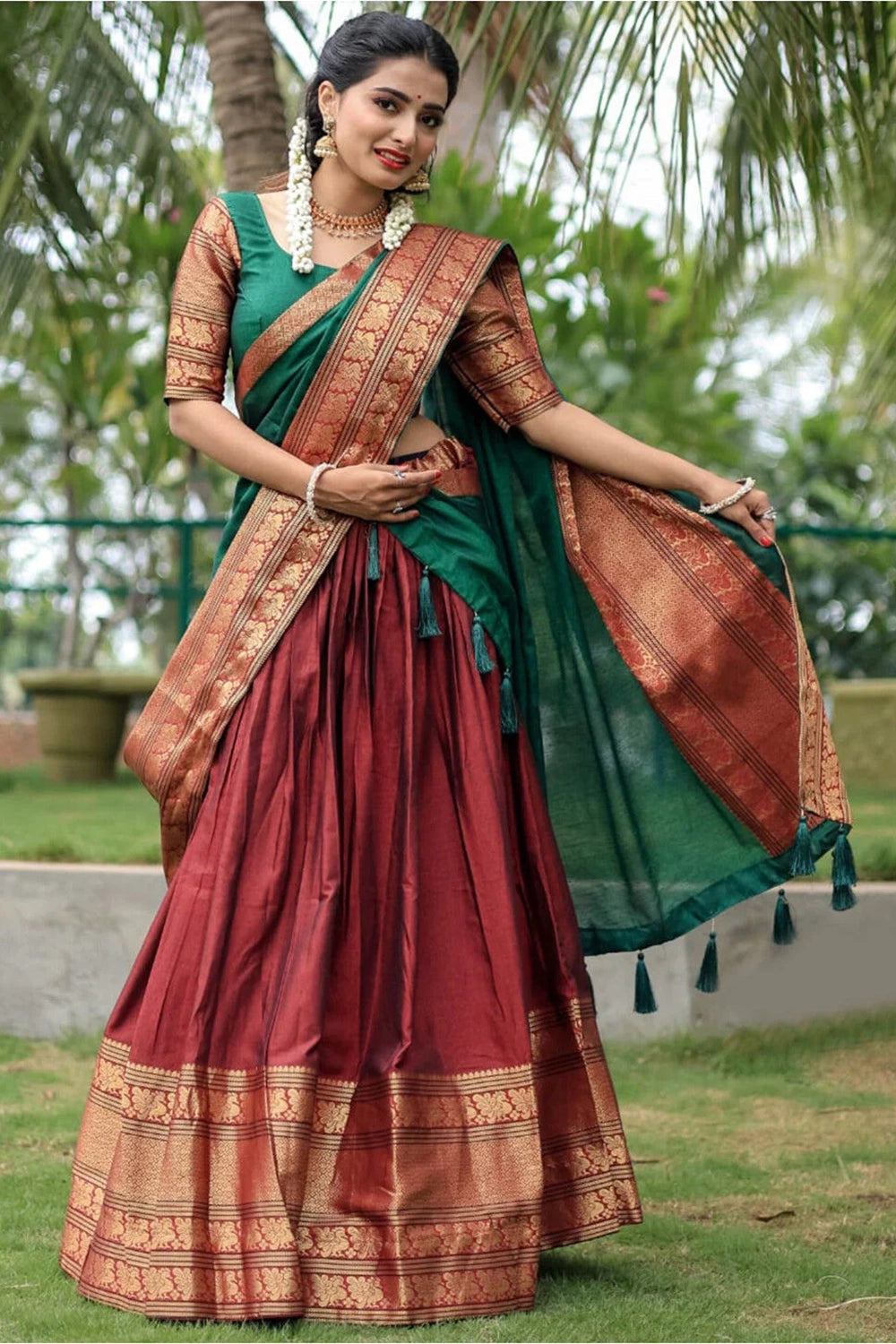 Maroon Cotton Silk Jacquard Half Lehenga Saree