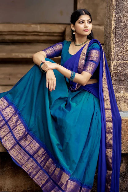 Blue Narayanpeth Cotton Silk Jacquard Half Lehenga Saree