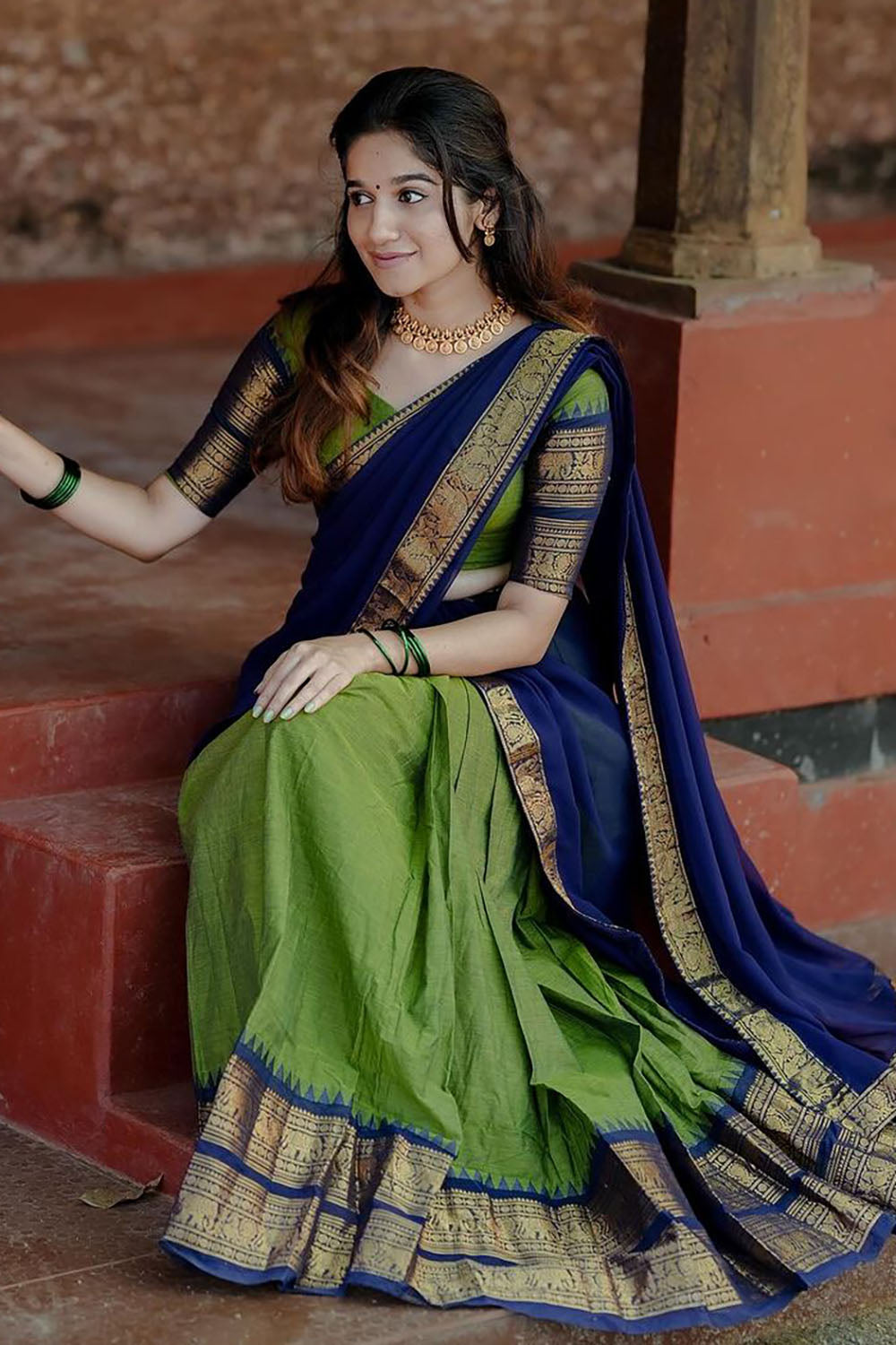 Green Narayanpeth Cotton Silk Jacquard Half Lehenga Saree