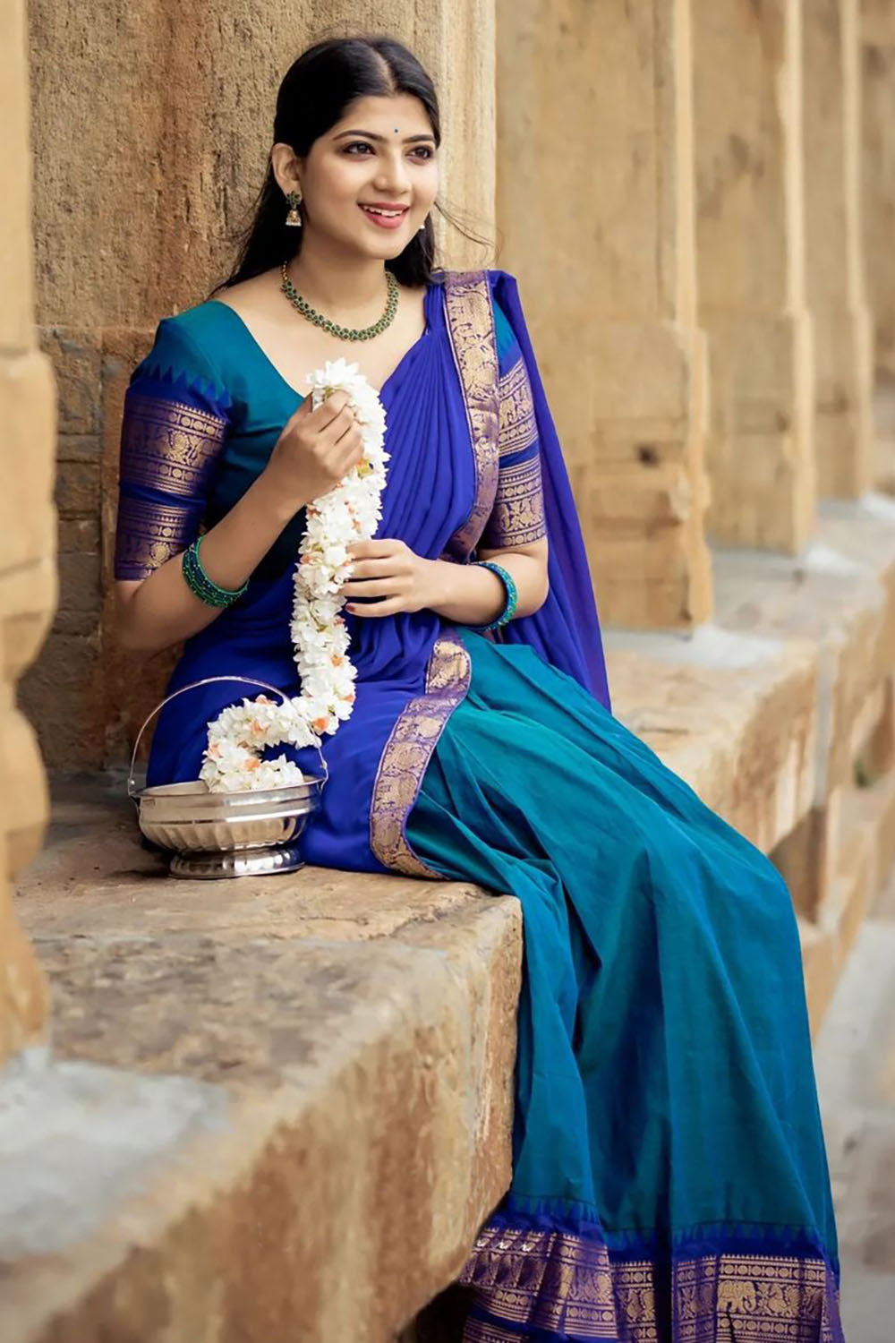 Blue Narayanpeth Cotton Silk Jacquard Half Lehenga Saree