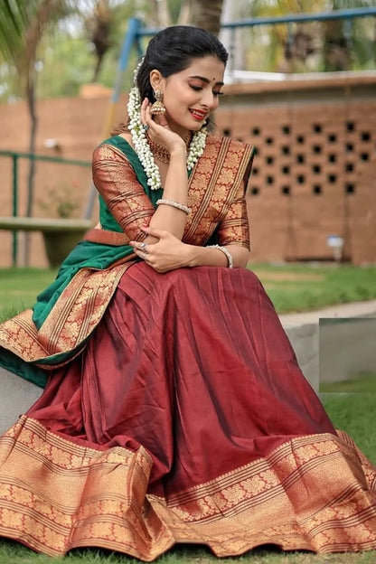 Maroon Cotton Silk Jacquard Half Lehenga Saree