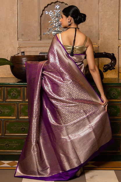 Indigo Purple Banarasi Silk Saree With Zari Weaving Work